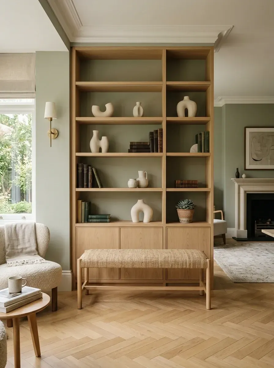 Living room library with floor-to-ceiling oak built-ins backed in muted sage green, herringbone wood flooring, cream boucle armchair, woven seagrass bench, and curated ceramic objects on the shelves