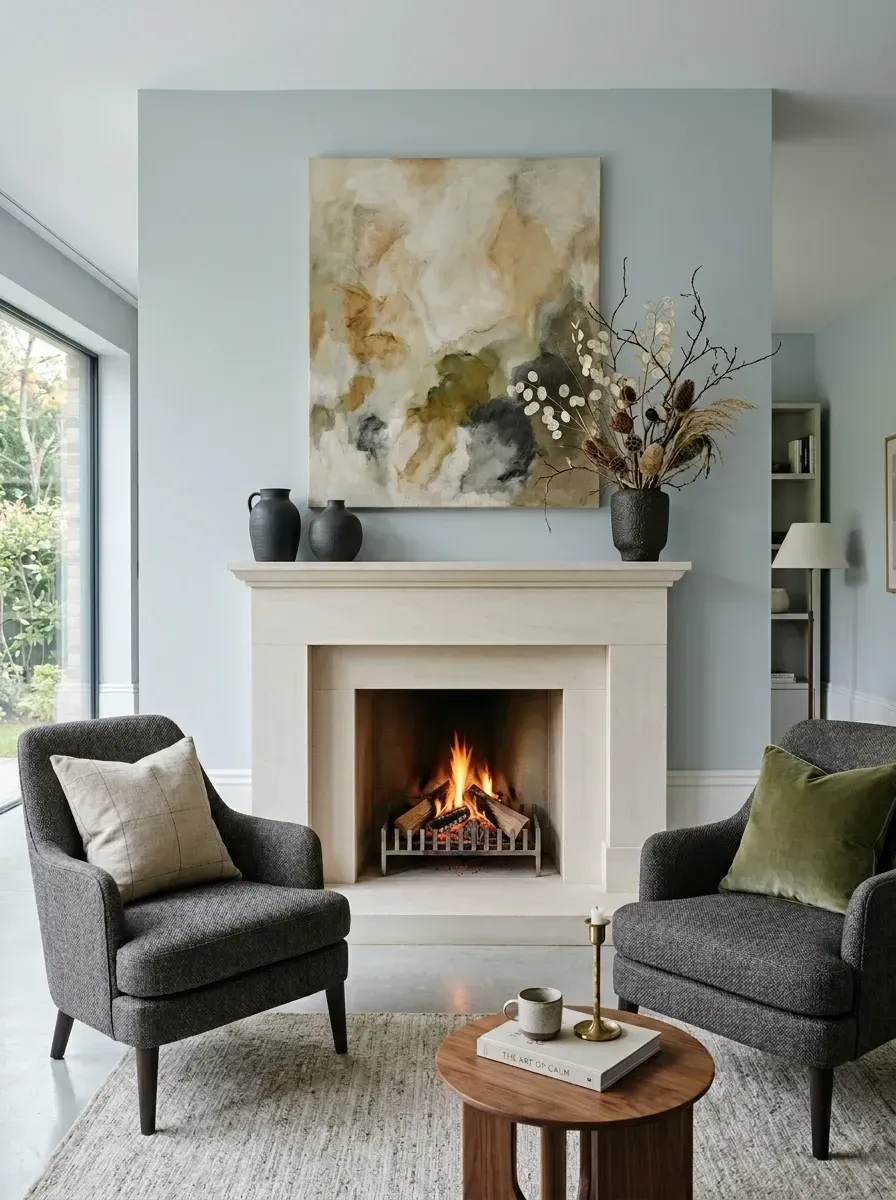 Symmetrical living room with a pair of charcoal tweed armchairs flanking a tall limestone fireplace, oversized abstract canvas above the mantel, blue-grey walls, round oak side table, and an olive velvet pillow as the only color accent