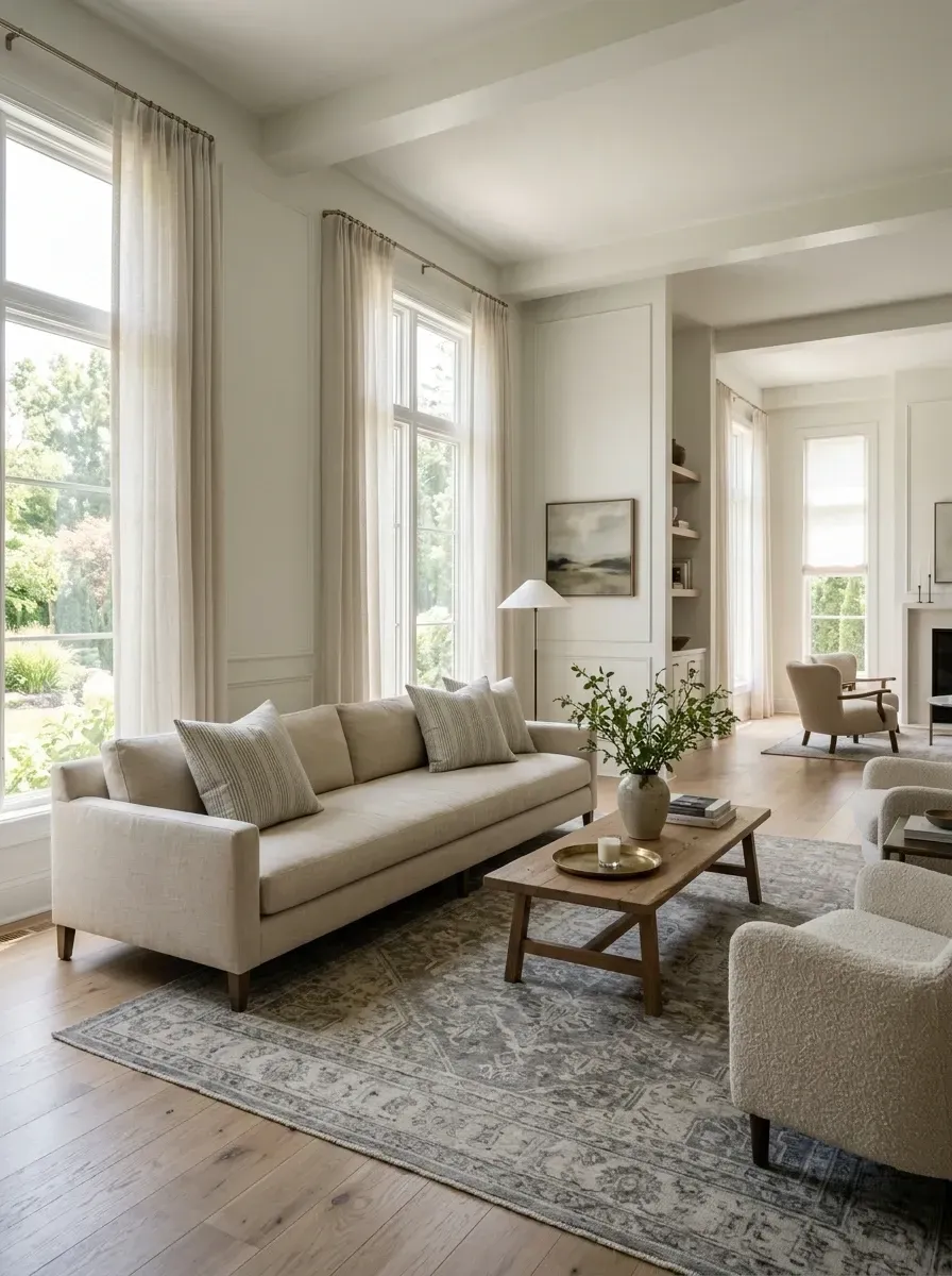 Tall living room with floor-to-ceiling sheer linen drapery, extra-long beige linen sofa, large vintage-style patterned rug, medium-brown oak floors, traditional crown molding and tall windows
