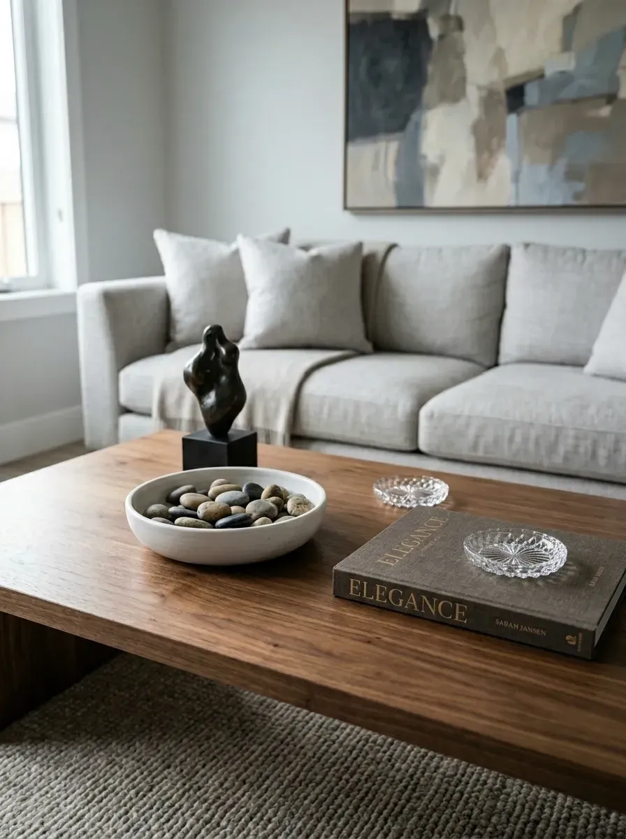 Close-up of a solid walnut coffee table styled with a matte cream ceramic bowl filled with river stones, two crystal glass bowls, a stack of linen-bound coffee table books, and a small bronze sculpture
