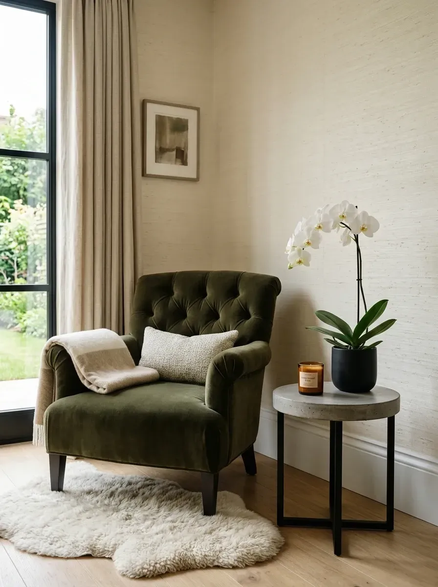 Cozy reading corner with a deep olive green velvet tufted armchair, natural grasscloth wallpaper, raw concrete and metal side table, cream sheepskin layered rug, and a sheer linen drapery panel