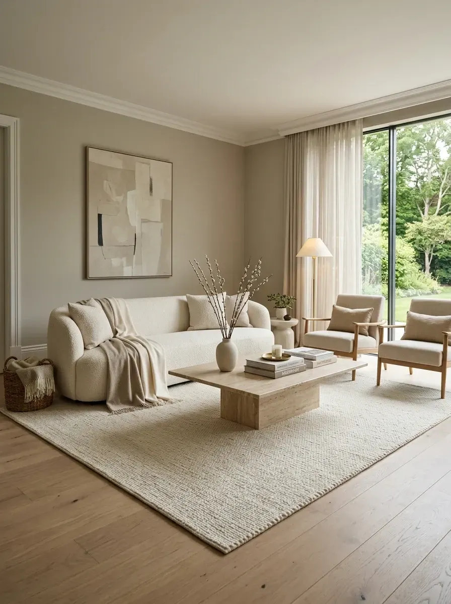 Curved cream boucle sofa anchoring a monochromatic living room with a chunky travertine block coffee table, two light ash wood-frame chairs, woven jute and wool rug, large abstract canvas, and pale taupe walls