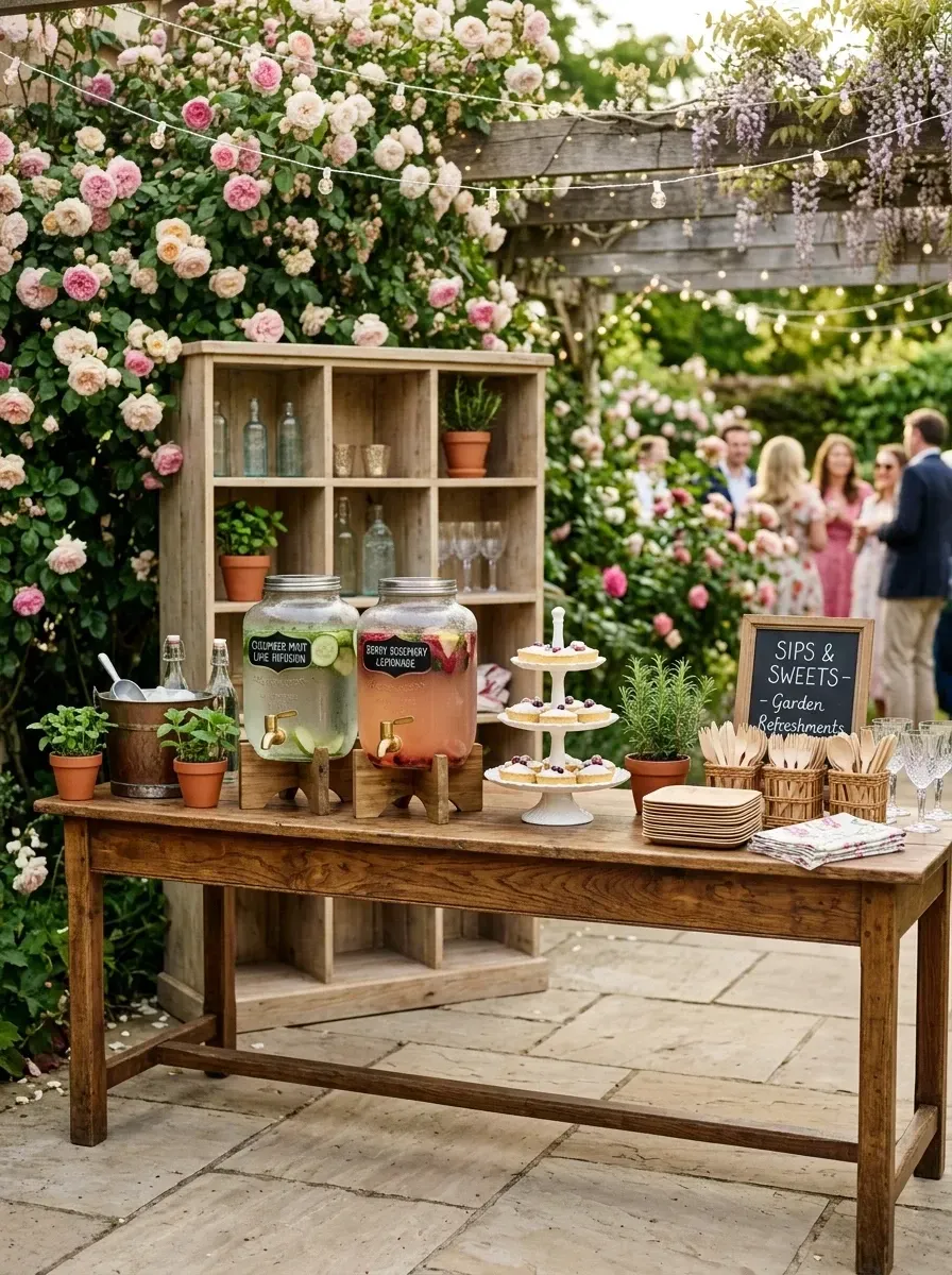 Curated outdoor garden party beverage station with rustic weathered oak hutch for vertical storage, large glass beverage dispensers on wooden stands, potted herbs and fresh roses, chalkboard signage, vintage wooden console table