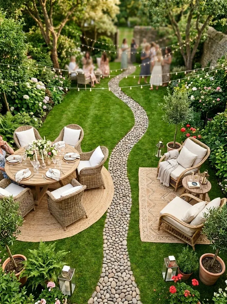 Aerial view of full connected garden party layout with winding river stone pathway guiding guests through the space, round teak dining set on jute rug in one zone, wicker lounge set on jute rug in another zone, expansive green lawn, overhead commercial-grade string lights