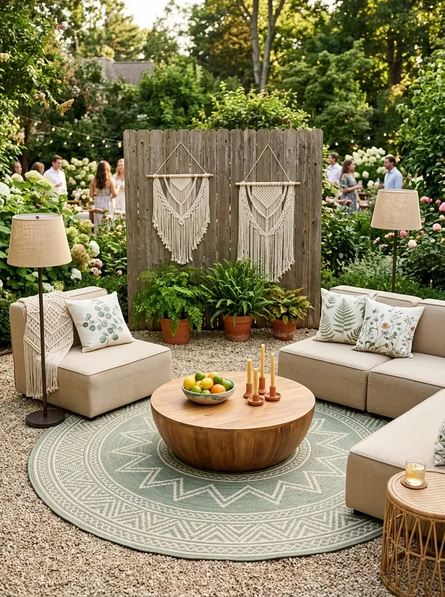 Boho garden lounge zone with large round natural jute rug anchoring modular sand beige sectional sofa, macrame wall hangings on wooden fence, round walnut wood coffee table, potted ferns, outdoor floor lamp