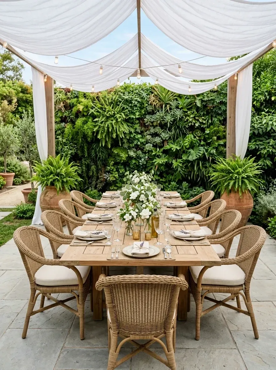 Long teak garden dining table under sheer white fabric canopy draped over pergola with woven outdoor string lights, woven golden rattan dining chairs, lush living wall background, large terracotta planters with ferns
