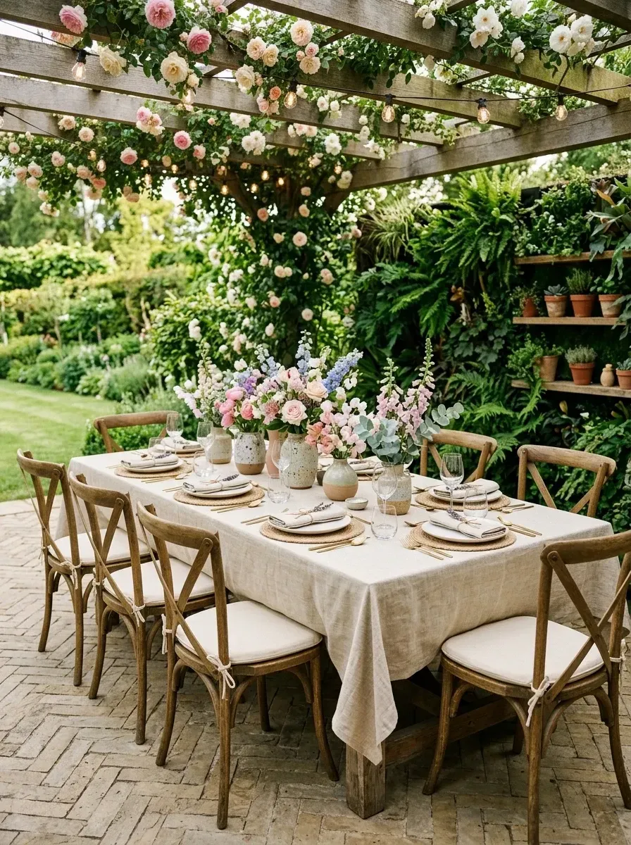 Romantic outdoor dining setup under weathered cedar pergola covered in climbing pink David Austin roses, polished tablescape with oatmeal linen tablecloth, ceramic vases with pastel florals, classic wooden cross-back dining chairs, woven placemats