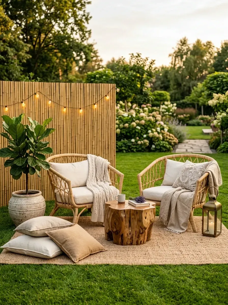 Cozy intimate garden seating nook with golden bamboo privacy screen with string lights, pair of natural rattan lounge chairs with cushions, natural tree stump coffee table, large jute area rug, floor pillows and knit throws, large decorative lantern