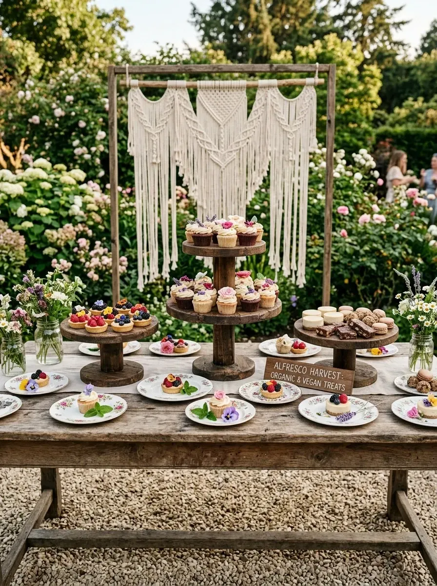 Outdoor dessert table styled with simple wooden archway framed with large macrame backdrop hangings, rustic reclaimed wood trestle table, dark walnut tiered serving stands, mismatched vintage floral plates, custom wooden signage, small floral arrangements