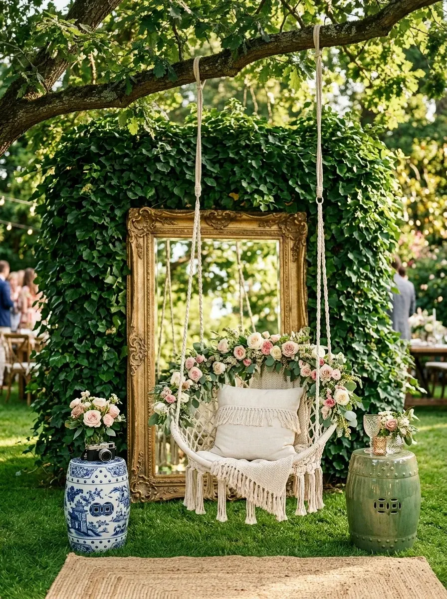 Garden party photo moment with cream macrame hanging swing chair adorned with lush fresh rose and greenery garland, large ornate antique gold leaning mirror against ivy wall, blue and white chinoiserie ceramic garden stools, small jute runner rug, vintage camera prop