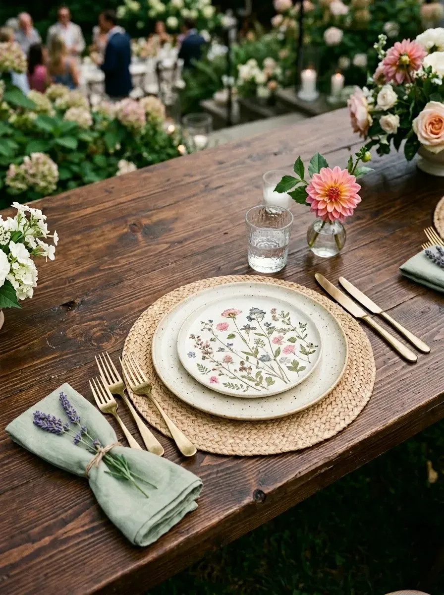 Close-up garden party place setting with woven water hyacinth placemat, speckled ceramic dinner plate with floral motif, sage green linen napkin tied with fresh lavender sprig, brushed gold cutlery, dark farmhouse wood table