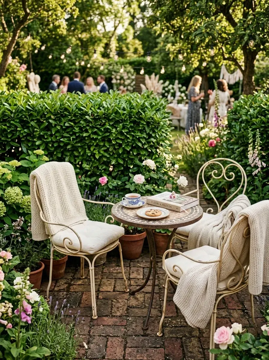Intimate small-scale outdoor bistro set with classic mosaic-top bistro table and aged wrought iron chairs softened with cream knit throws and outdoor seat cushions, surrounded by lush tall green hedge backdrop and pea gravel patio