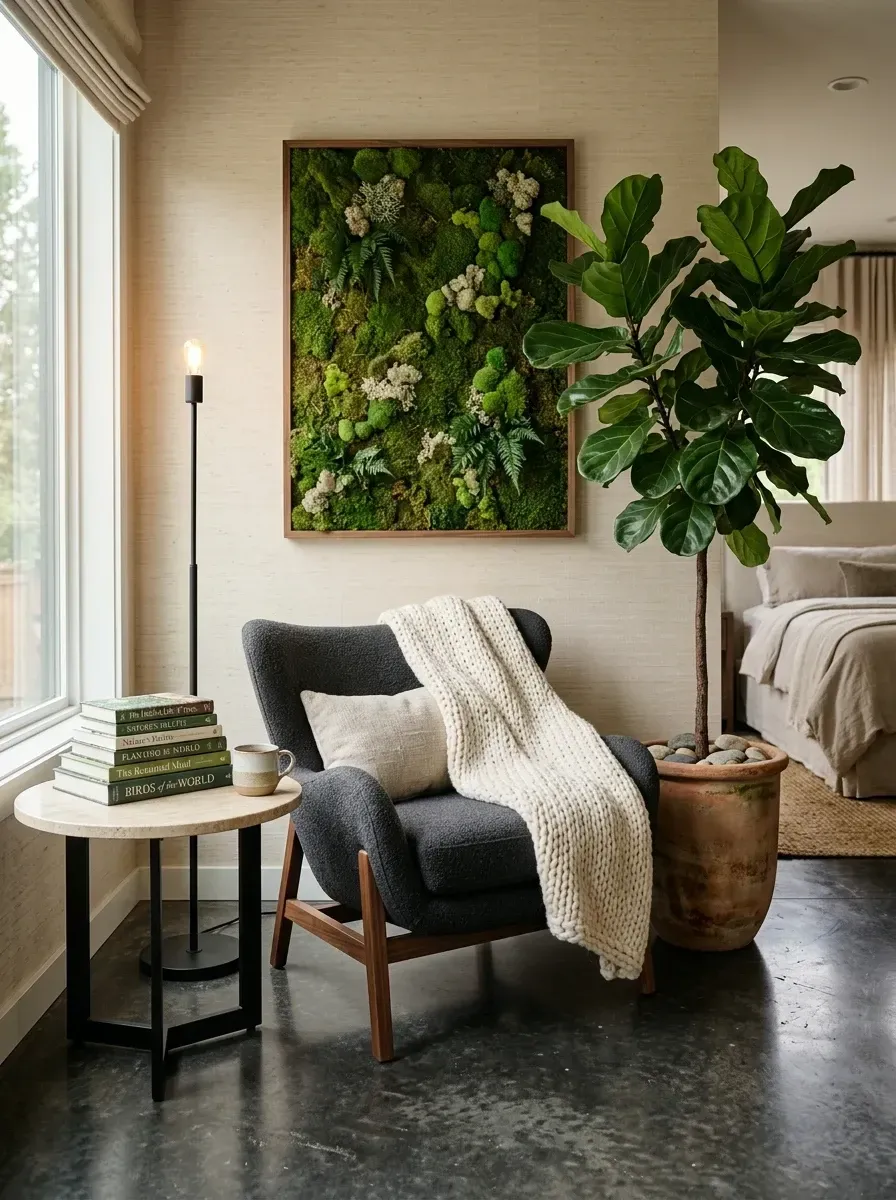 Biophilic bedroom corner with framed preserved moss art piece on wall, large fiddle leaf fig in aged terracotta planter, textured charcoal armchair, polished concrete floor, minimalist Edison-bulb floor lamp