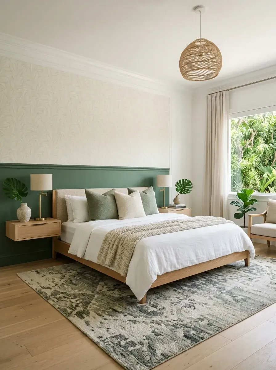 Biophilic primary bedroom with two-tone wall featuring forest green wainscoting under cream botanical wallpaper, light oak platform bed and floating nightstands, woven rattan pendant light, large picture window with garden view