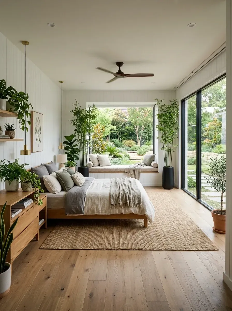 Biophilic bedroom with massive picture window and built-in bench seat overlooking garden, vertical white shiplap walls, multiple large indoor trees in matte black planters, wide plank honey oak flooring, ceiling fan with wood blades