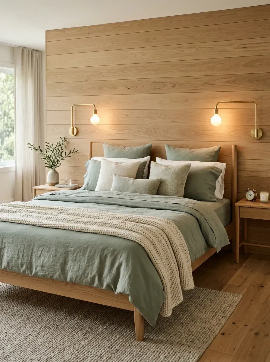 Biophilic Scandi-style bedroom with horizontal wide-plank light oak accent wall behind bed acting as an oversized headboard, brass wall-mounted sconces, simple wood bed frame, layered linen bedding in sage green and cream, braided wool area rug
