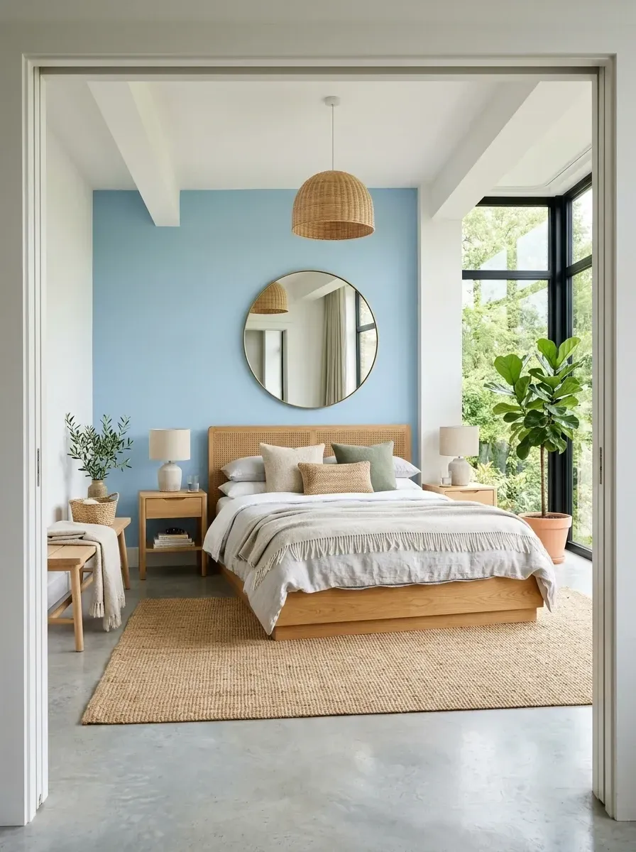 Biophilic bedroom with sky blue accent wall, cane and oak bed frame, large round mirror placed opposite window to bounce natural light, woven rattan pendant light, large jute rug, polished concrete floor, floor-to-ceiling corner window