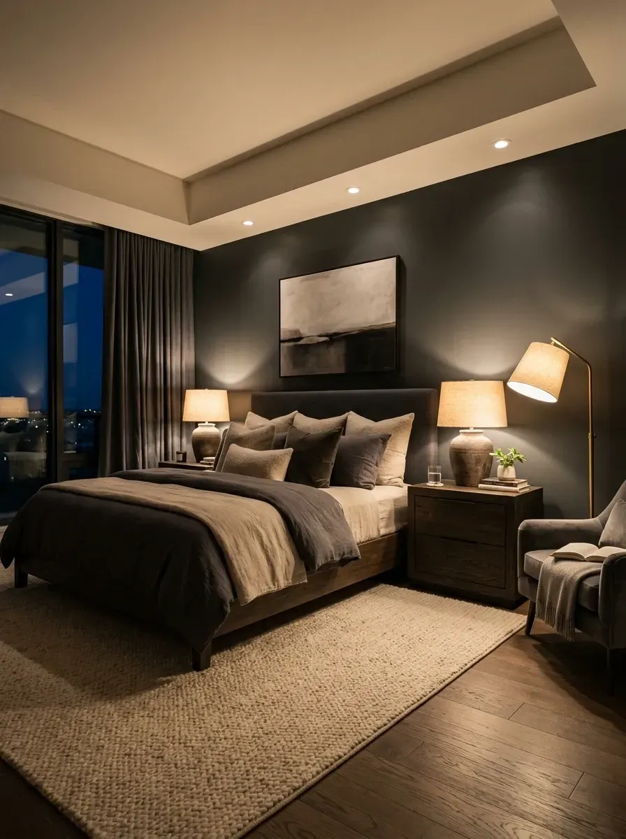 Moody biophilic primary bedroom with charcoal black painted walls and tray ceiling, integrated warm cove lighting, upholstered panel headboard bed, chunky woven wool area rug, sculptural ceramic table lamps, slate grey velvet accent chair