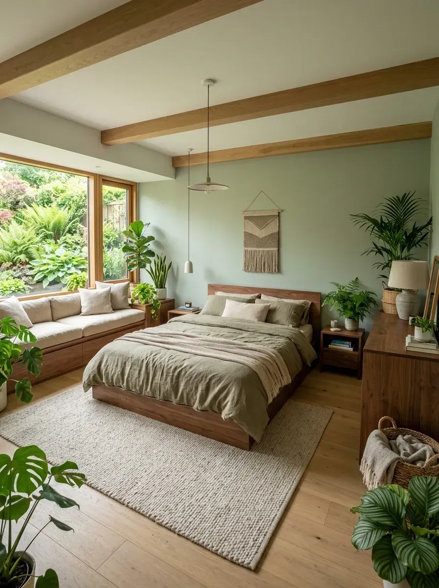 Boho Scandi biophilic bedroom with exposed medium oak ceiling beams creating a canopy, soft sage green painted walls, built-in wood window seat, low platform bed, abundant layered potted plants on floor and dresser, macrame wall hanging