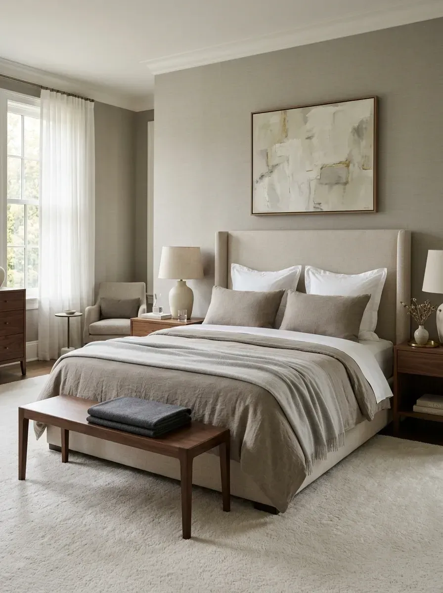 Minimalist luxe biophilic bedroom with greige grasscloth wallpaper, tall upholstered sand linen headboard, walnut wood bench at foot of bed, layered neutral bedding with throws, plush high-pile area rug, large ceramic table lamps