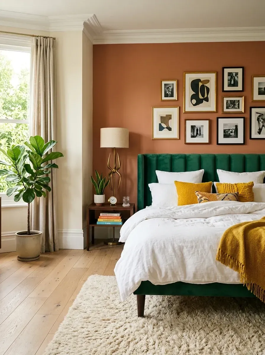 Earthy bohemian luxe bedroom with a single terracotta accent wall, queen-size emerald green velvet upholstered bed, mid-century modern walnut nightstand and dresser, eight-frame curated gallery wall, large fiddle-leaf fig in a woven basket, sculptural aged-brass table lamp, and a textured shag rug