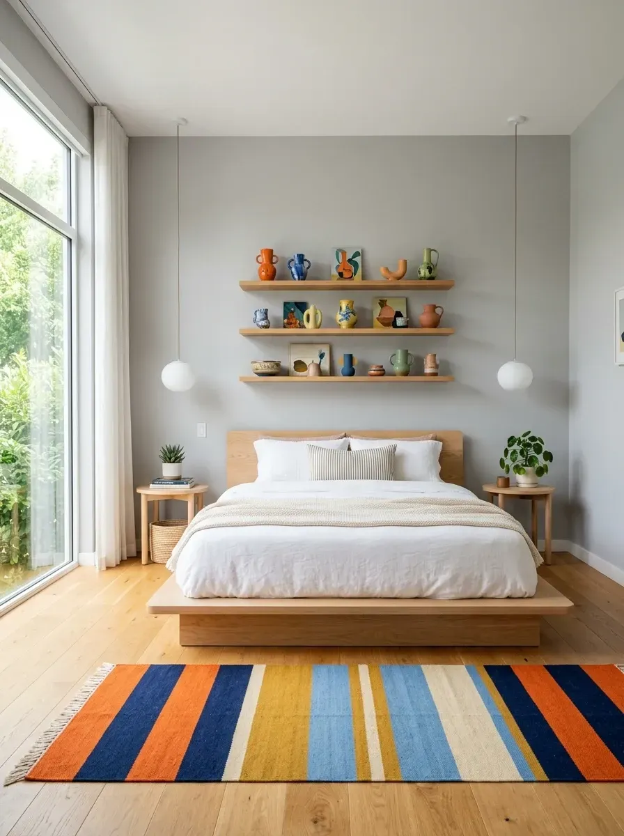 Scandi-playful minimalist bedroom with low light-ash platform bed, three floating wood shelves displaying a colorful tangerine and cobalt blue ceramic vase collection, bold cobalt and white striped rug, two minimalist white globe pendant lights, pale grey walls, and white linen bedding