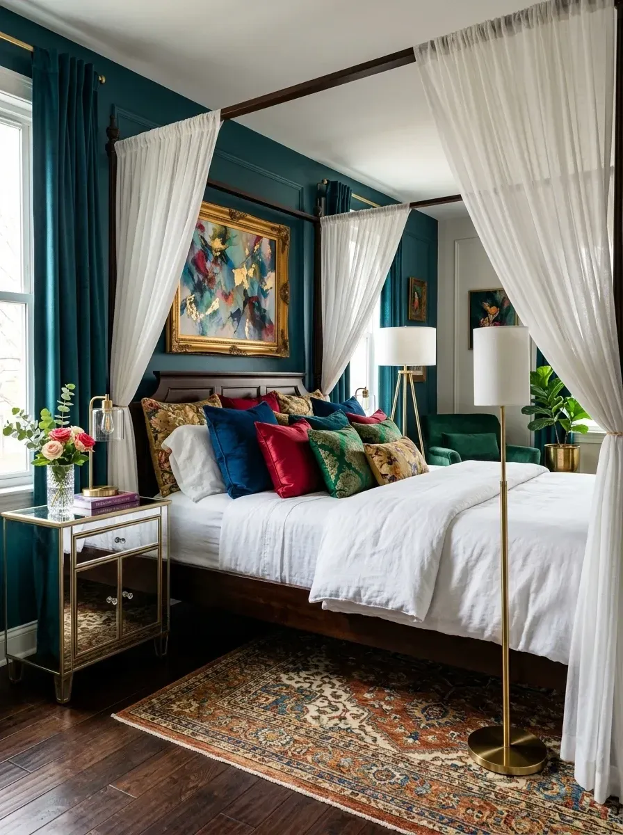Dramatic moody bedroom with deep teal painted walls, dark walnut four-poster queen bed with sheer white linen canopy draping, ruby red velvet accent chair, mirrored nightstand, large ornate gold-framed art, patterned area rug, and gold floor and table lamps