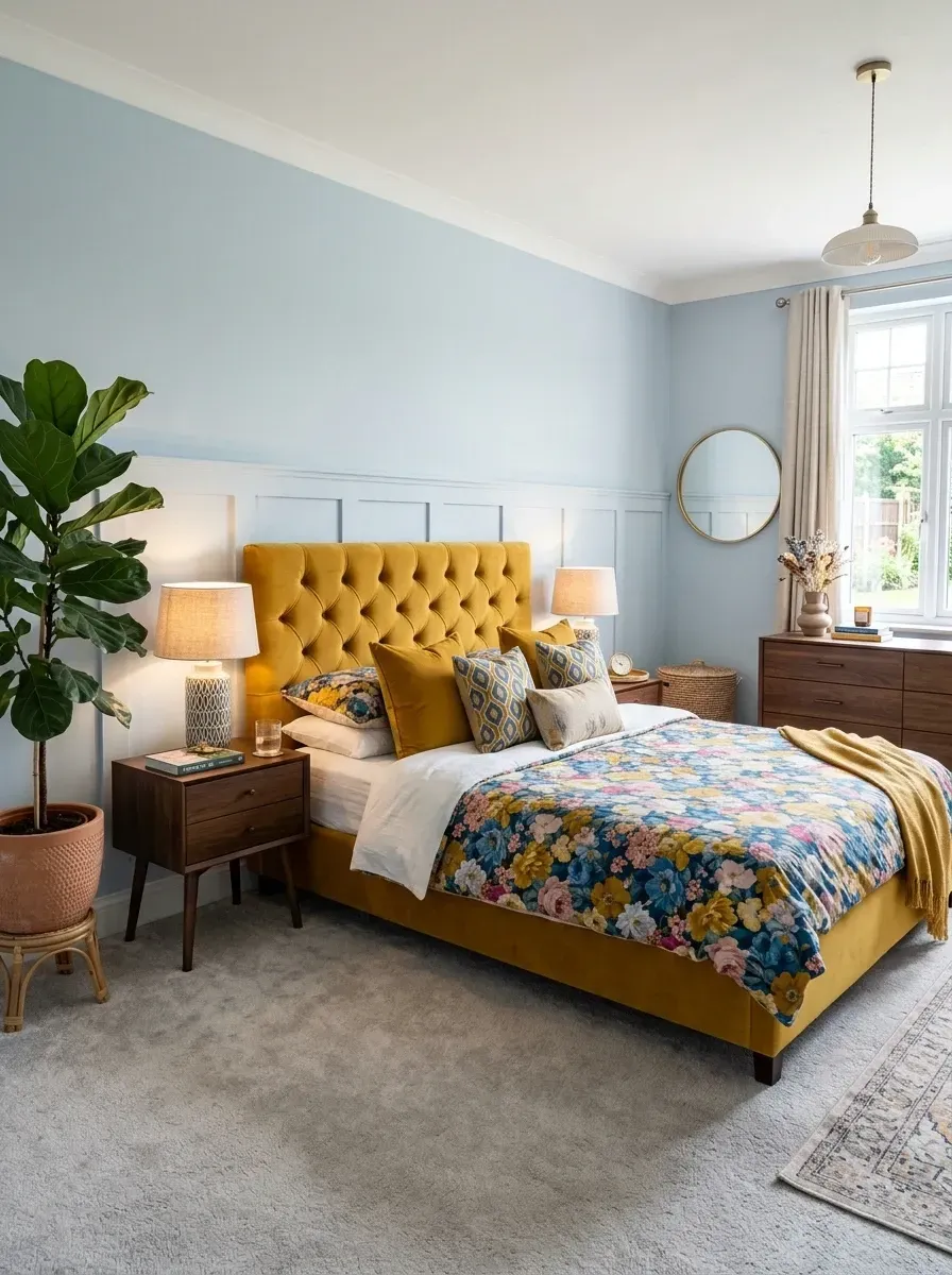 Sunny cottagecore bedroom with sunshine yellow tufted velvet upholstered queen bed, powder blue painted MDF wainscoting on lower walls, crisp white upper walls and trim, vibrant garden floral cotton bedding, mid-century medium-oak furniture, large round gold mirror, ceramic table lamps, and a fiddle-leaf fig
