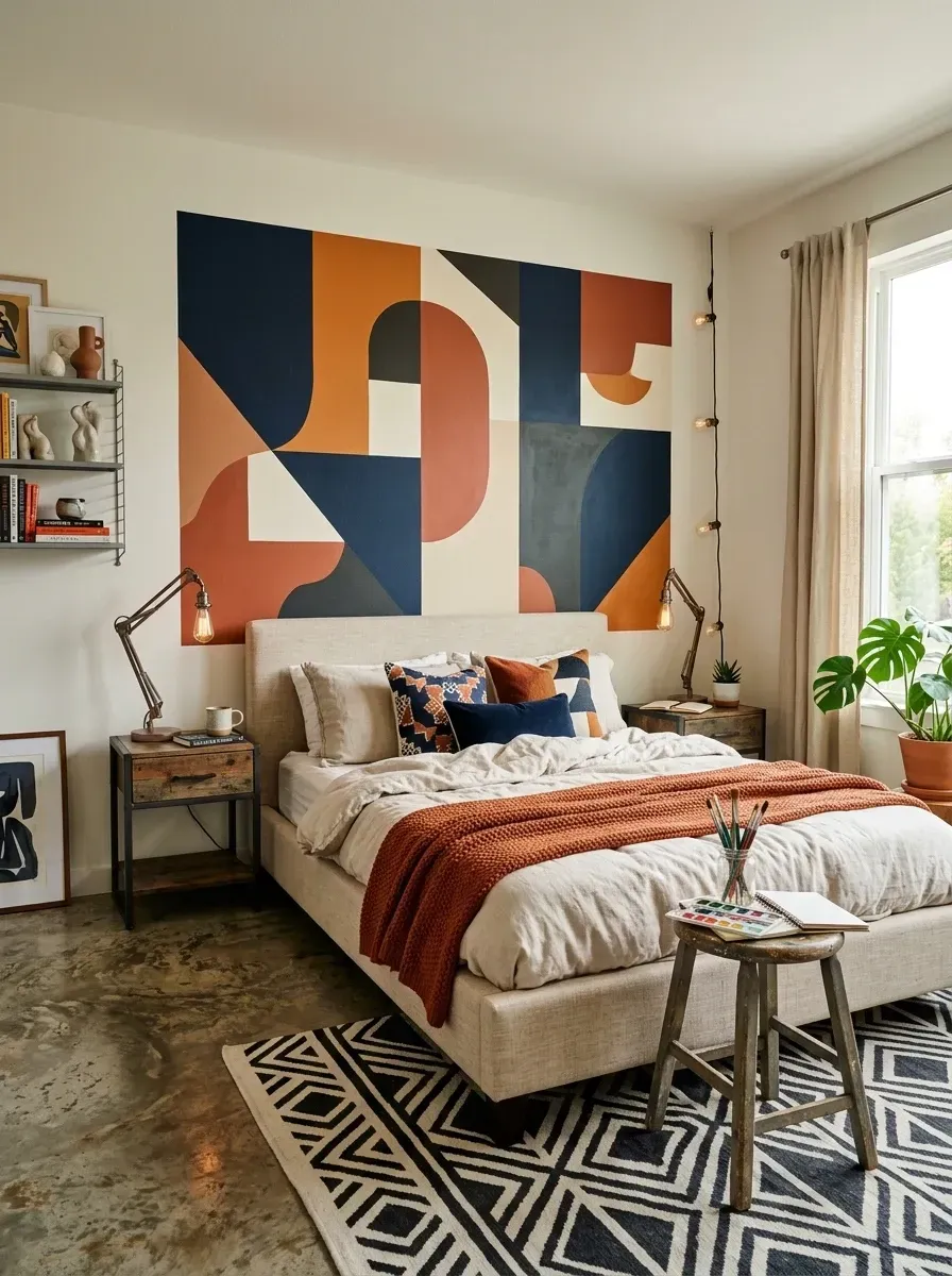Industrial loft bedroom with a hand-painted geometric wall mural in rust orange and deep navy on a plaster wall, sealed exposed concrete floors with layered jute and patterned rugs, upholstered bed frame, industrial metal nightstands, Edison-bulb string lights, chunky knit throw, and metal wall shelving