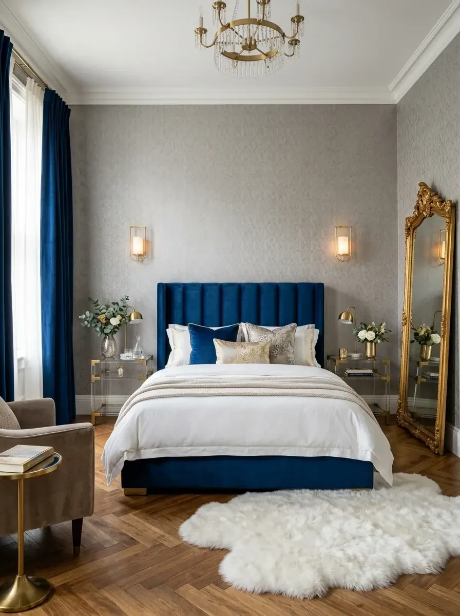Glam bedroom with navy blue channel-tufted velvet upholstered queen bed, subtle small-scale grey patterned wallpaper, large ornate gold leaner mirror, two clear acrylic nightstands, herringbone medium-oak floor, crystal chandelier on dimmer, gold wall sconces, navy velvet curtains, and a faux fur rug
