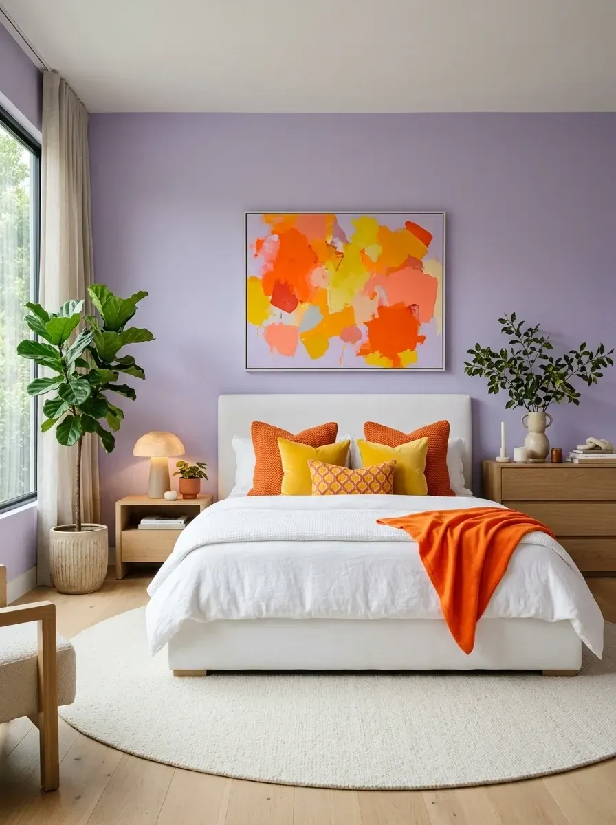 Light pastel bedroom with soft lavender painted walls, large vibrant orange and yellow abstract wall art, white linen-upholstered queen bed, light white-oak modern dresser and nightstand, large round wool area rug, mushroom-shaped white table lamp, and large fiddle-leaf fig