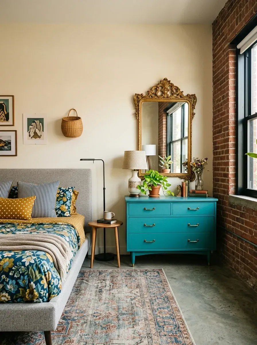 Eclectic bohemian bedroom with exposed sealed terracotta brick wall, vintage thrifted dresser repainted in bright turquoise, ornate antique gold-framed wall mirror, upholstered queen bed, mix of floral and patterned bedding, sealed concrete floor with vintage runner rug, layered plants in terracotta pots, and assorted vintage art