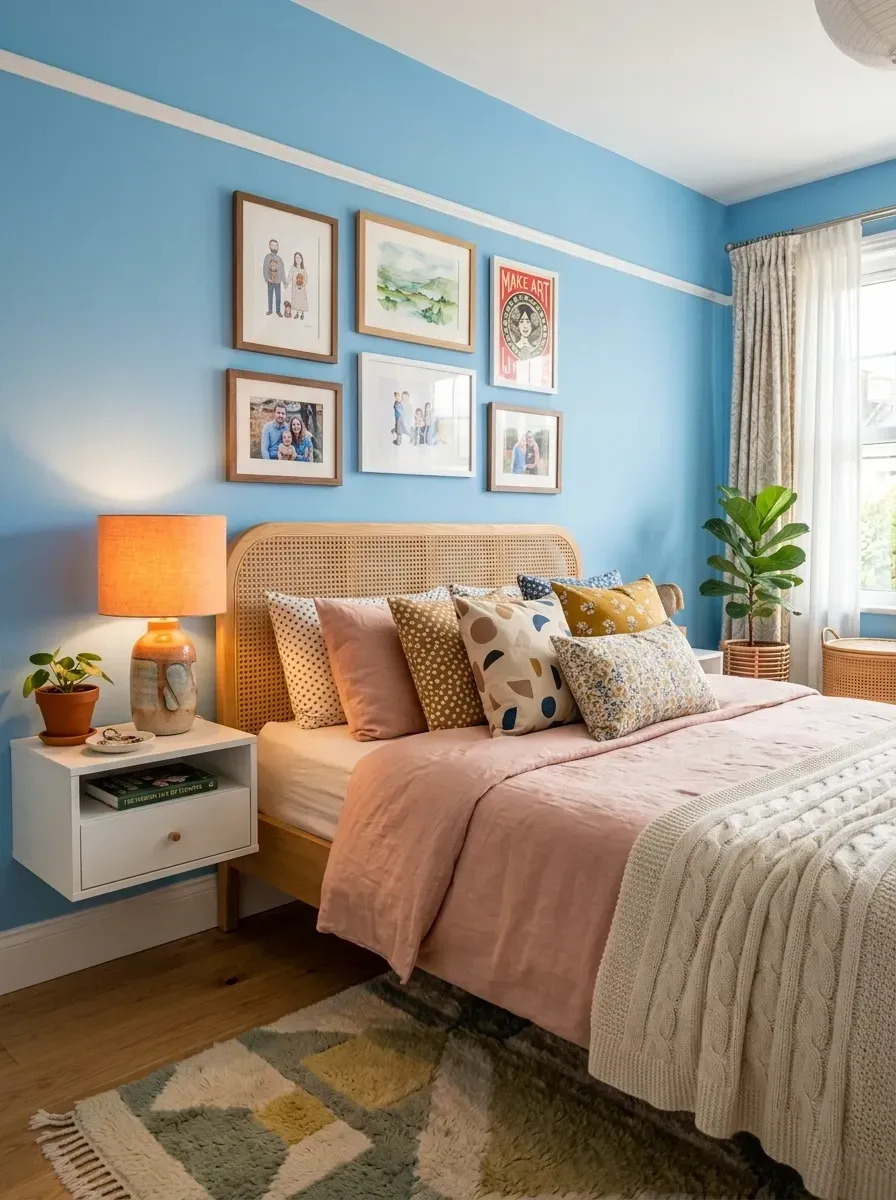 Family-centric primary bedroom with sky blue painted walls, queen-size cane and warm-oak headboard bed, six-frame personalized family photo gallery wall, floating modern white nightstand, layered patterned and textured area rugs, dusty pink and white bedding, ceramic table lamp, and a fiddle-leaf fig