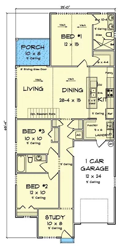 Main level floor plan of Plan 52549WM showing the 29 by 65 foot 4 inch single-story footprint with split-bedroom layout, central great room with vaulted ceiling, kitchen with island and walk-in pantry, mudroom and laundry, primary suite at the rear and two secondary bedrooms sharing a hall bath