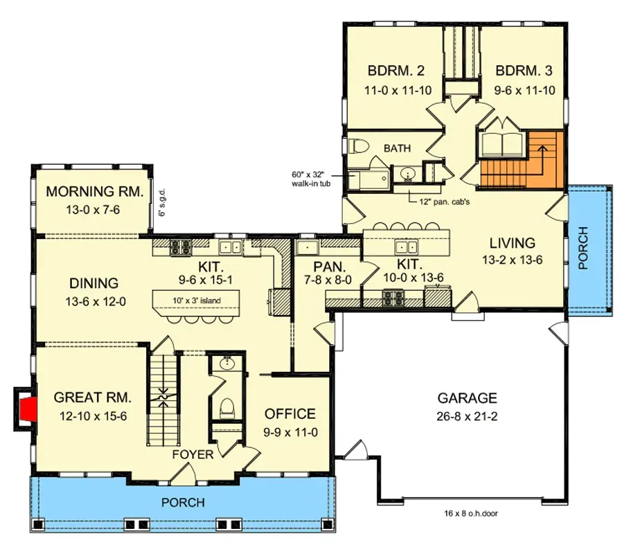 Main floor plan for Architectural Designs 790184GLV showing kitchen with island, walk-in pantry, great room, dining, morning room extension, primary suite with five-fixture bath, mudroom, office, and side-entry two-car garage