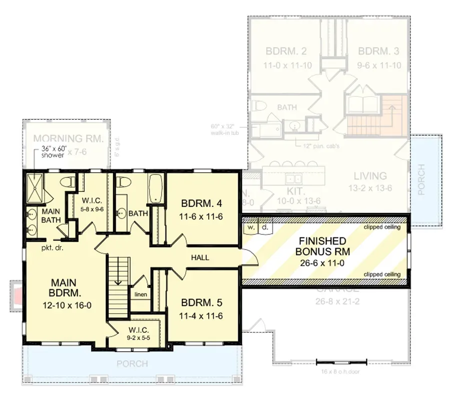 Second floor plan for 790184GLV showing four secondary bedrooms, Jack-and-Jill bathroom, an ensuite bath, a laundry closet, and an optional 208-square-foot bonus room over the garage
