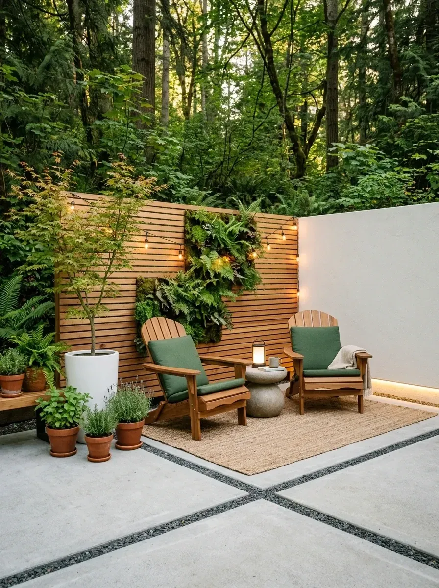 Modern backyard nook with warm cedar slatted privacy screen, vertical garden of ferns and trailing ivy, two wooden Adirondack chairs with deep forest-green Sunbrella cushions, jute outdoor rug, stone side table, white planters, and warm-white string lights overhead