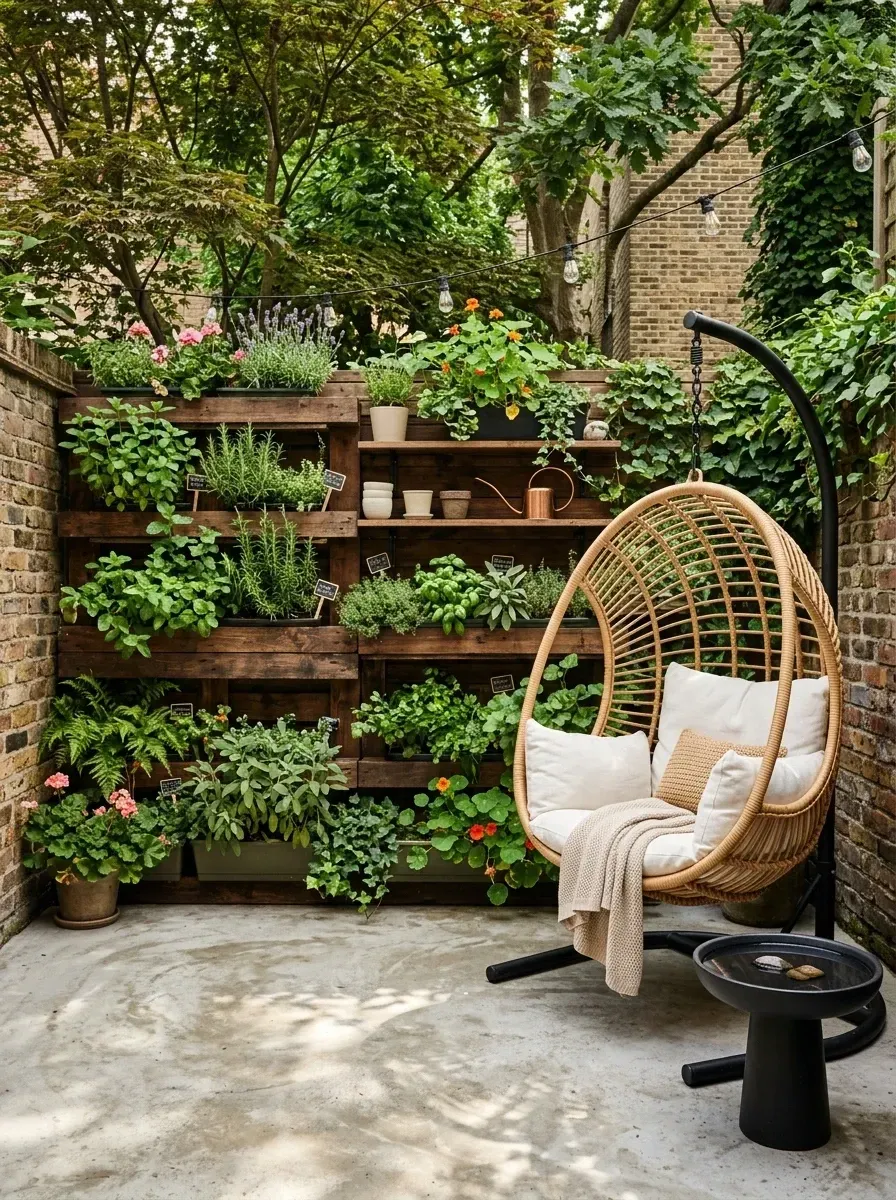 Cozy brick courtyard nook with a large vertical garden made from upcycled wooden pallets holding terracotta pots of herbs and flowers, hanging rattan egg chair on a steel stand, small black metal side table, aged concrete floor, and bistro string lights