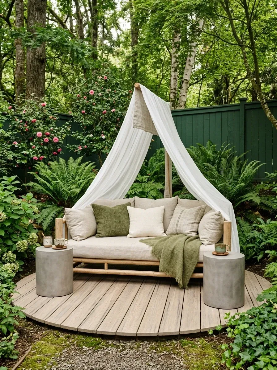 Spa-like outdoor daybed nook with a large light oak canopy daybed with flowing white sheer linen canopy fabric set on a custom 10-foot diameter round wooden deck, two round concrete side tables, soft sage green and cream Sunbrella pillows and throws, and lush green planting backdrop