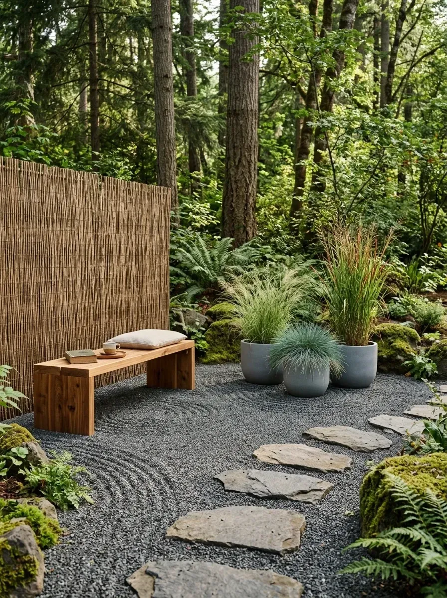 Minimalist garden zone with raked dark granite gravel ground cover, large irregular natural fieldstone stepping stones, simple warm cedar wood bench, three large modern matte grey concrete planters with ornamental grasses, and a clumping bamboo screen backdrop