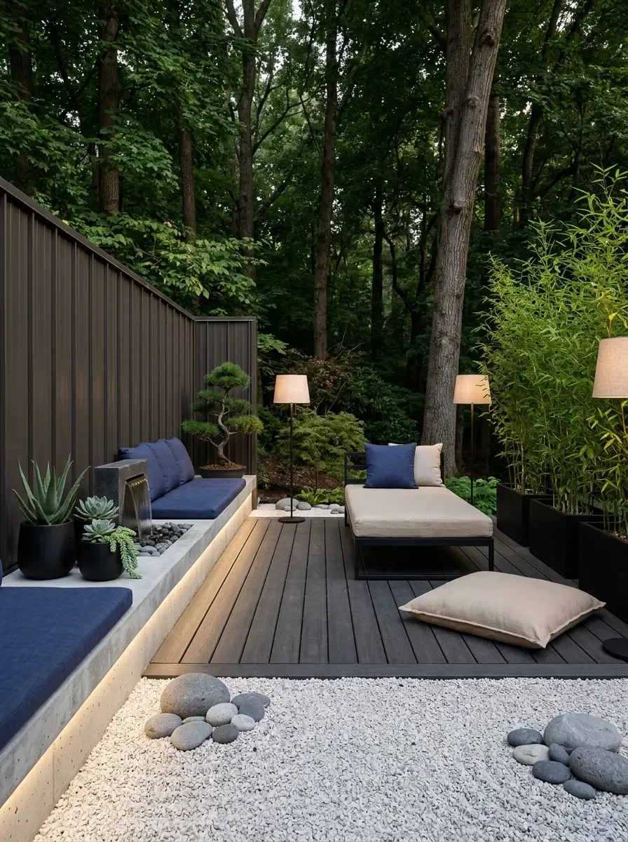 Sleek dark composite-decking zen platform with built-in raw concrete bench with navy Sunbrella cushions, modern bubbling water feature, modern chaise lounge, two large outdoor floor lamps, tall bamboo and Japanese maple framing, and integrated LED strip lighting under the bench