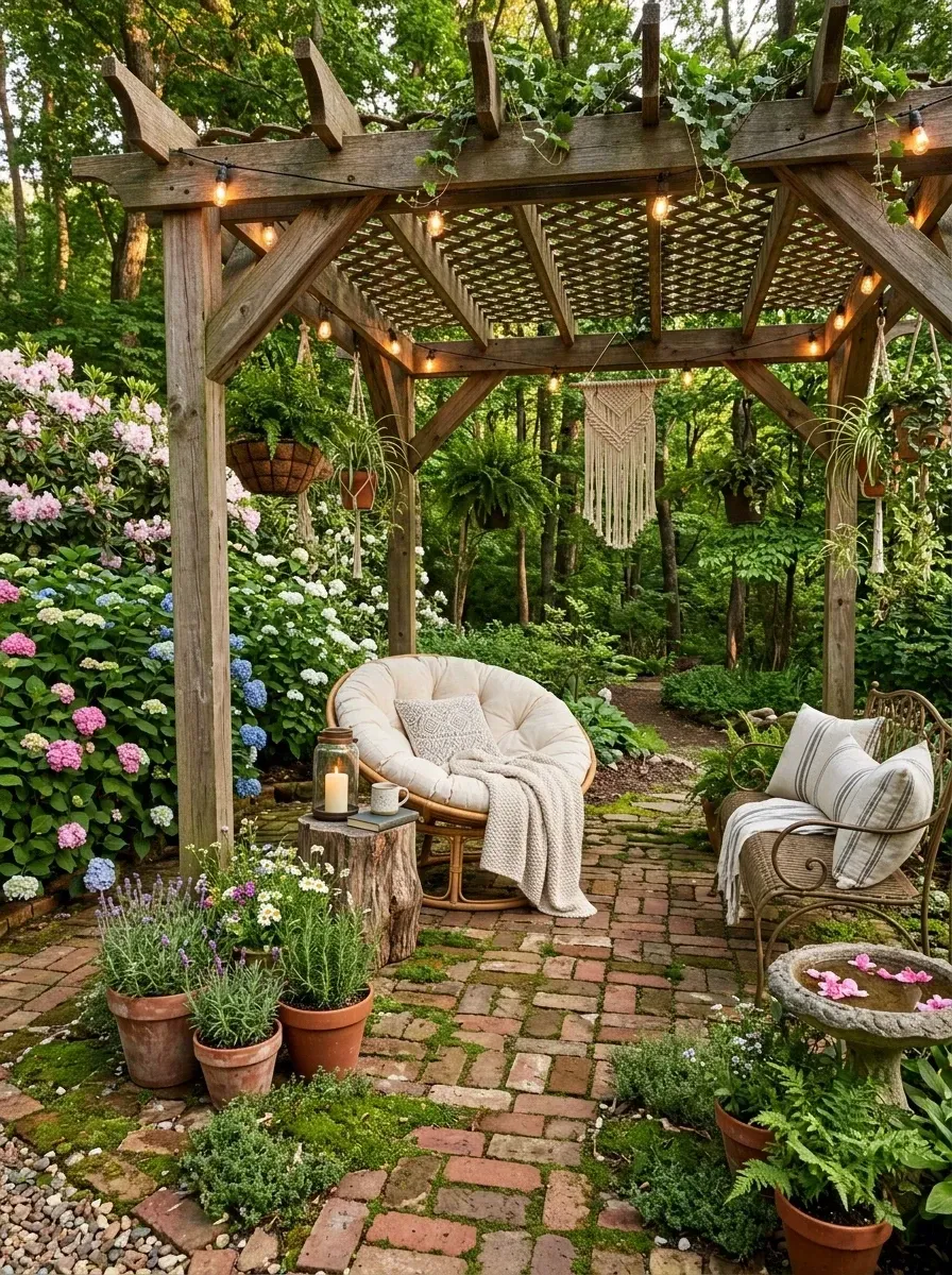 Rustic backyard hideaway with weathered cedar pergola over an aged brick paver patio, hanging rattan papasan chair with cream cushion, vintage metal bench, tree-stump side table, hanging macrame plant holders, terracotta pots clustered, and a small concrete birdbath