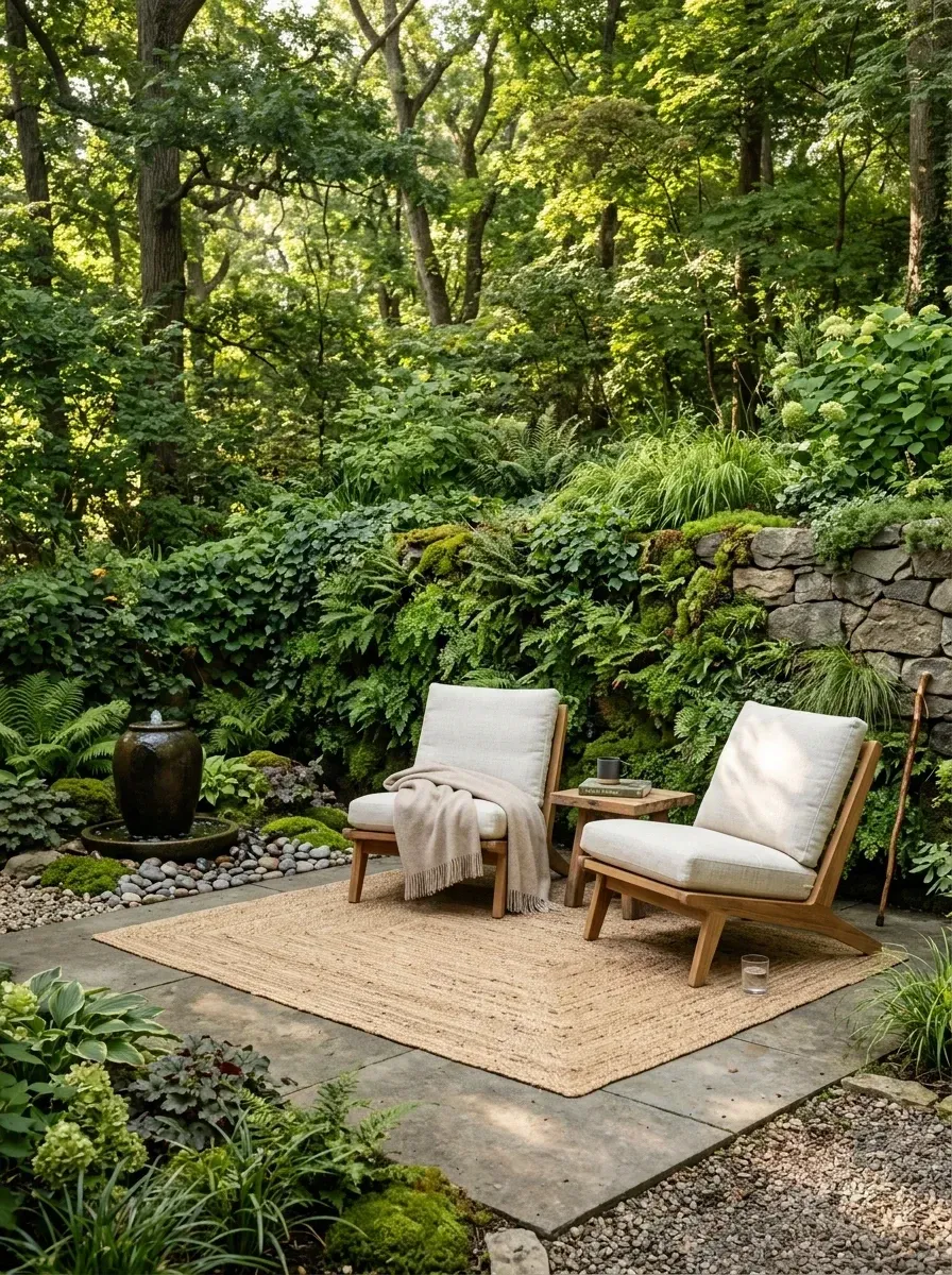 Sunken Hudson Valley grotto-style nook with mossy bluestone retaining wall, Pennsylvania flagstone patio, two low-profile teak lounge chairs with oatmeal Sunbrella cushions, dark bronze urn fountain on a recirculating reservoir, dense fern plantings, and a jute area rug