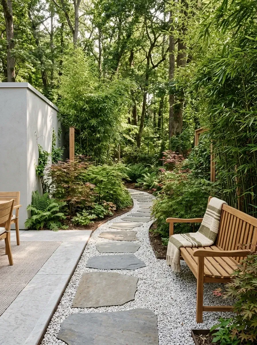Curved garden path of dark blue-grey flagstone stepping stones set in white limestone gravel leading to a simple teak garden bench, framed by tall clumping bamboo and Japanese maples against a smooth concrete wall