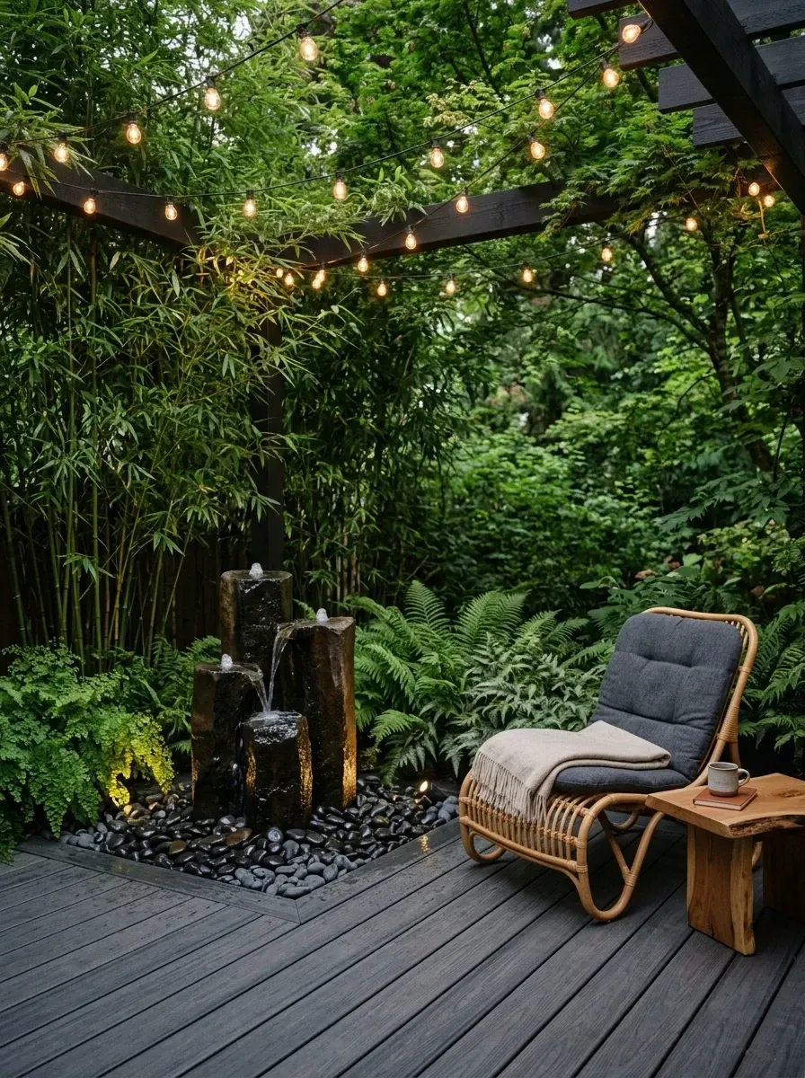 Dramatic moody backyard corner with dark grey composite decking, matte black-painted cedar pergola, three-column basalt fountain on a hidden recirculating reservoir, rattan lounge chair with cushion, live-edge wood side table, dense ferns, and warm string lights overhead