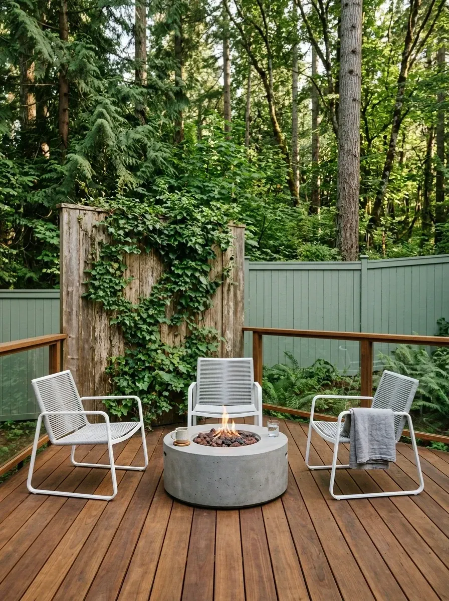 Modern wood deck with three white woven-rope outdoor lounge chairs arranged around a sleek round natural-gas concrete fire pit, sage-green painted fence backdrop, rustic vertical wood privacy screen panel, and linen throws