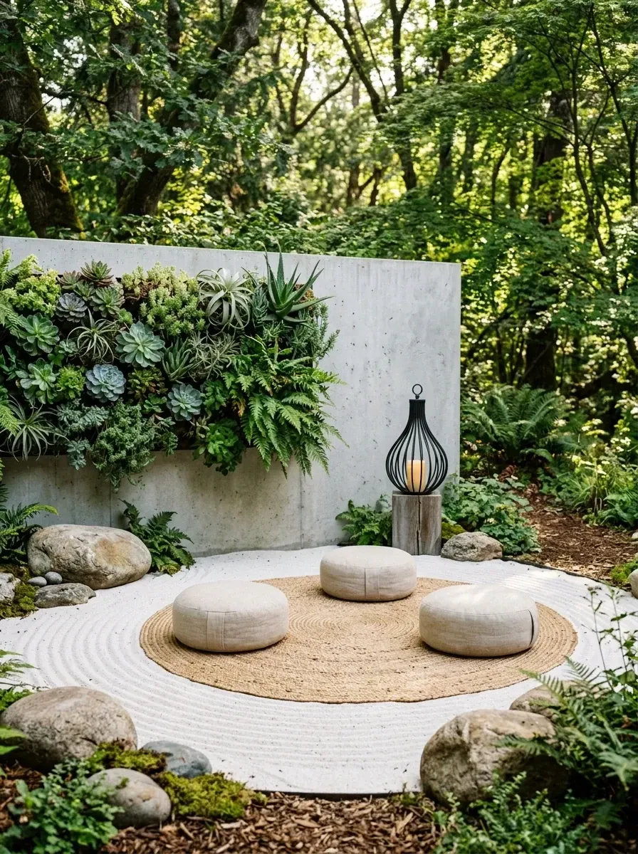 Dedicated zen meditation space with circular layout on raked white gravel, four buckwheat-hull meditation cushions arranged on a round jute outdoor rug, central matte-black outdoor lantern on a wood-stump pedestal, and a poured concrete wall with vertical succulent garden backdrop