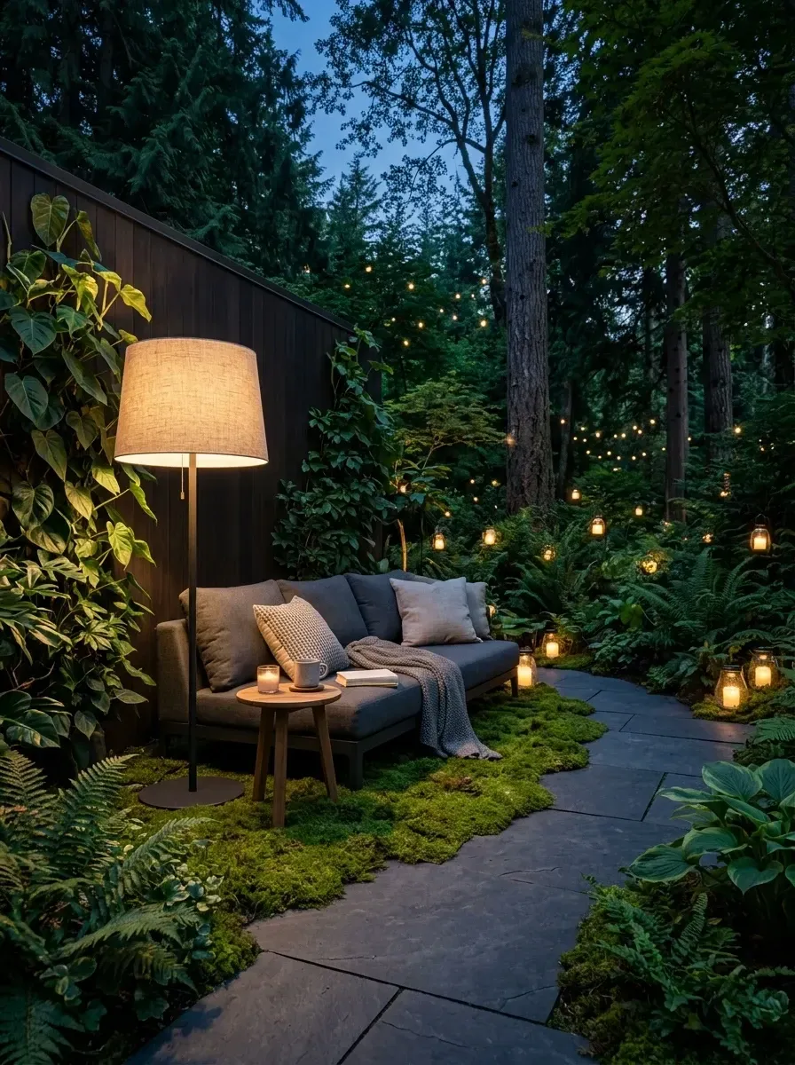 Magical evening backyard nook with comfortable medium-grey outdoor sofa on a flagstone path surrounded by thick lush moss ground cover, layered lighting from a tall outdoor floor lamp, multiple hanging lanterns, warm-amber string lights woven into surrounding trees, and a dark fence backdrop
