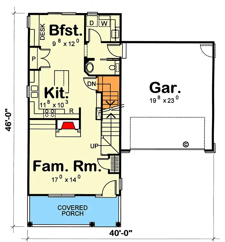 Main level floor plan of Plan 42151DB showing the 40 by 46 foot two-story footprint with open-concept family room, kitchen with central island, breakfast nook with built-in desk, powder room near garage entry, mudroom and laundry connecting the side-entry 2-car garage to the main living space
