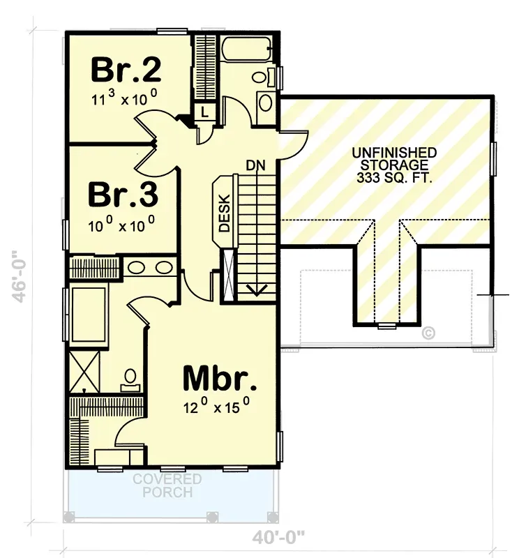 Second floor plan of Plan 42151DB showing master suite with walk-in closet and private bath, two secondary bedrooms sharing a hall bathroom, and the 333 square foot unfinished bonus storage room over the garage